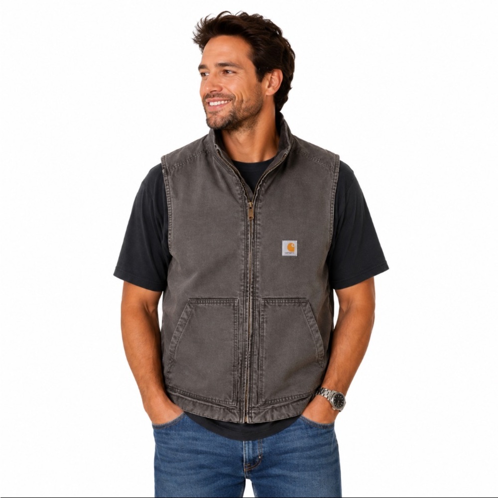 💥🆕💥CARHARTT Gray Washed Duck Sherpa Lined Mock-Neck Vest Loose Fit Size Medium